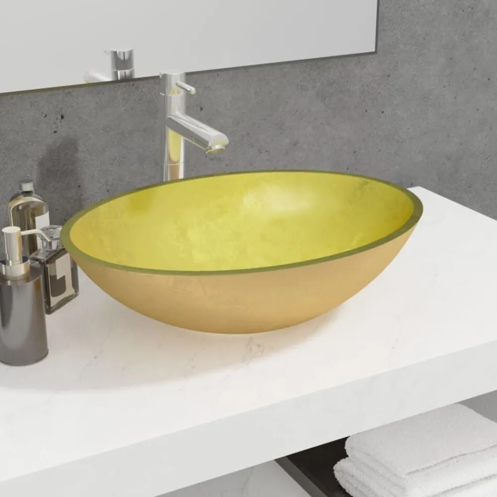 vidaXL Lavabo de vidrio 50x37x14 cm Dorado Sale