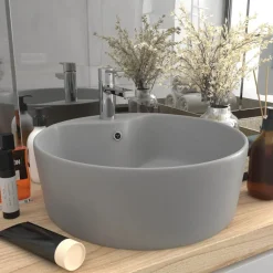 vidaXL Lavabo lujoso con rebosadero cerámica 36x13 cm gris claro mate Outlet