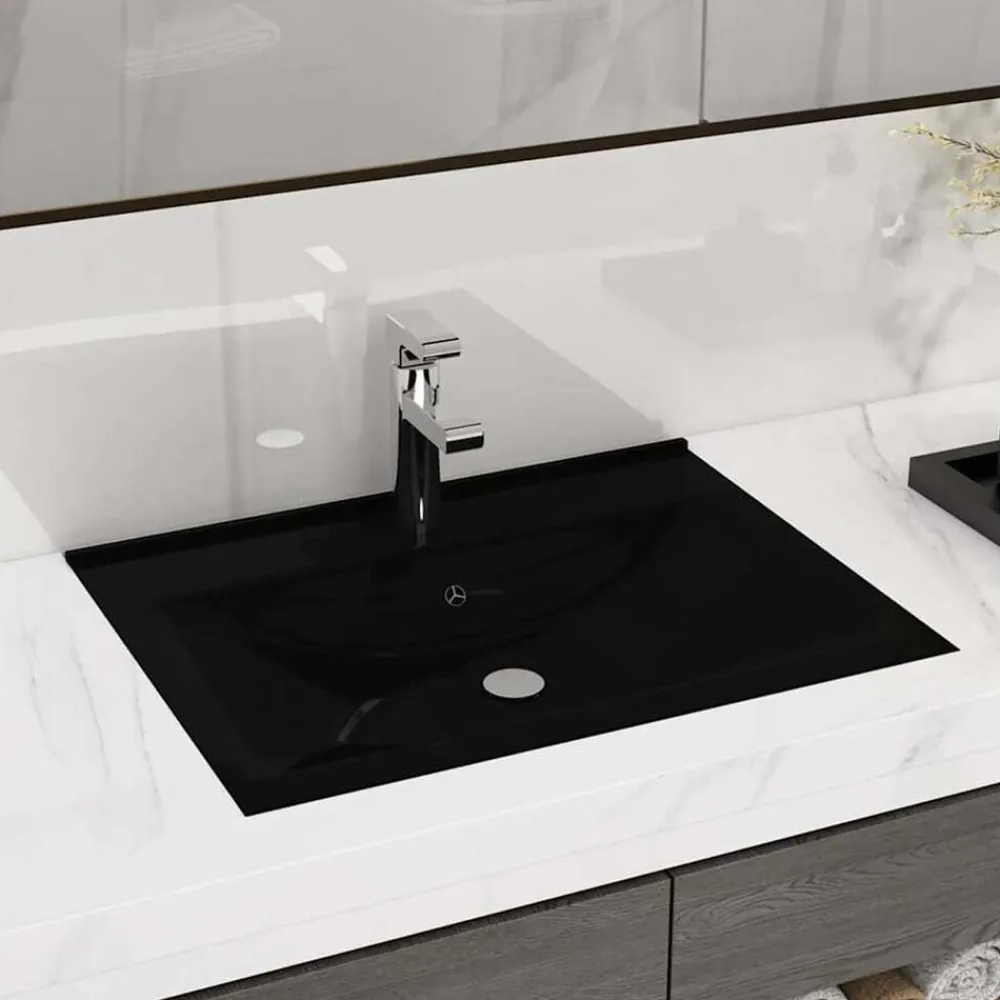 vidaXL Lavabo lujoso con agujero de grifo cerámica 60x46 cm Negro mate Sale