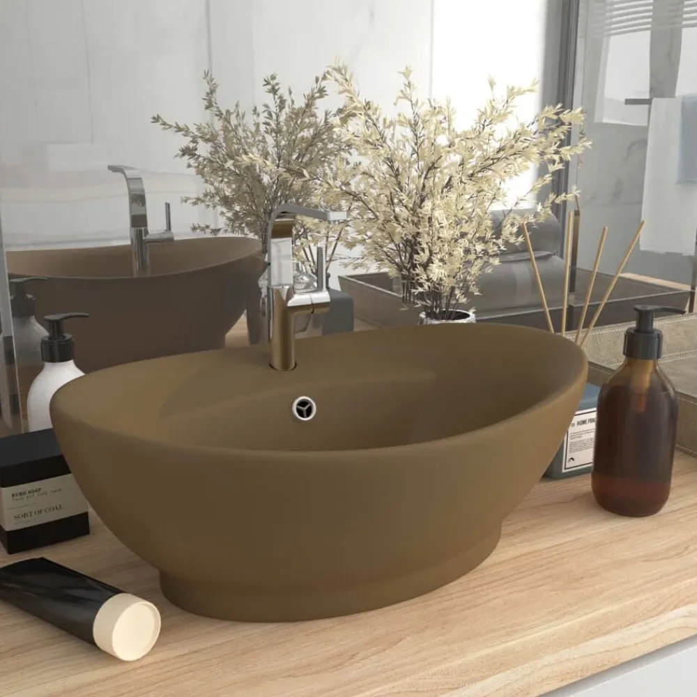 vidaXL Lavabo lujoso con rebosadero cerámica 58,5x39 cm crema mate Best