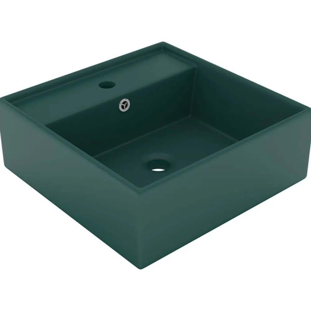 vidaXL Lavabo lujoso cuadrado rebosadero cerámica verde oscuro 41x41cm verde oscuro mate Outlet