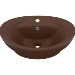 vidaXL Fontanería-Lavabo lujoso ovalado rebosadero cerámica marrón oscuro mate