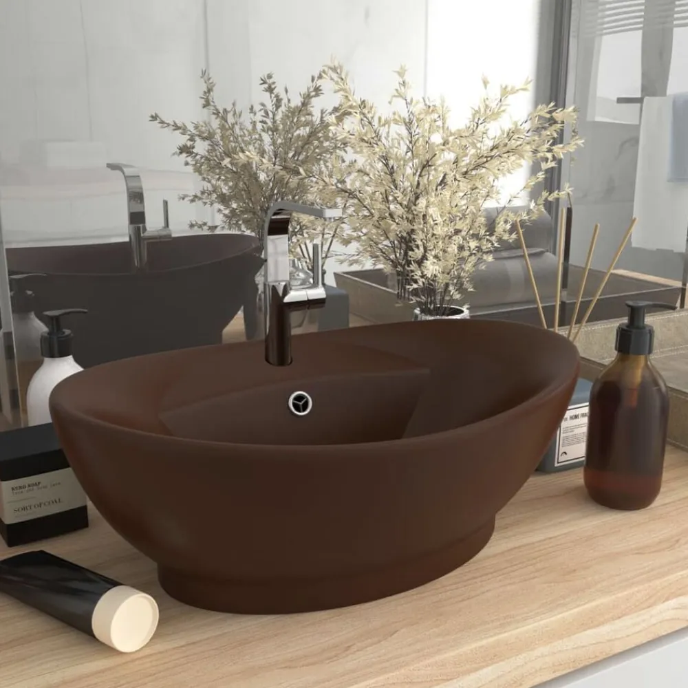 vidaXL Fontanería-Lavabo lujoso ovalado rebosadero cerámica marrón oscuro mate