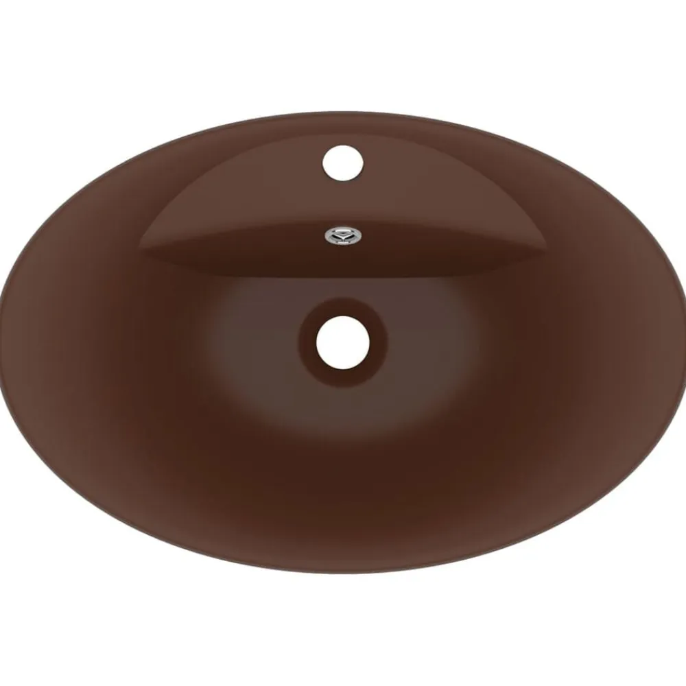 vidaXL Fontanería-Lavabo lujoso ovalado rebosadero cerámica marrón oscuro mate