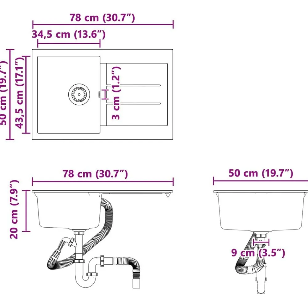 vidaXL Fontanería-Lavabo 780 x 500 mm 80% Cuarzo y 20% Resina