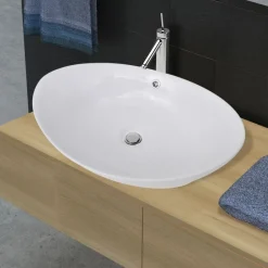 vidaXL Fontanería-Lavabo ovalado y orificio desbordamiento cerámica 59x38,5 cm