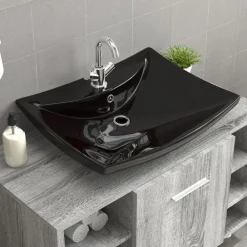 vidaXL Lavabo rectangular cerámica orificio de grifo y desagüe Negro Clearance