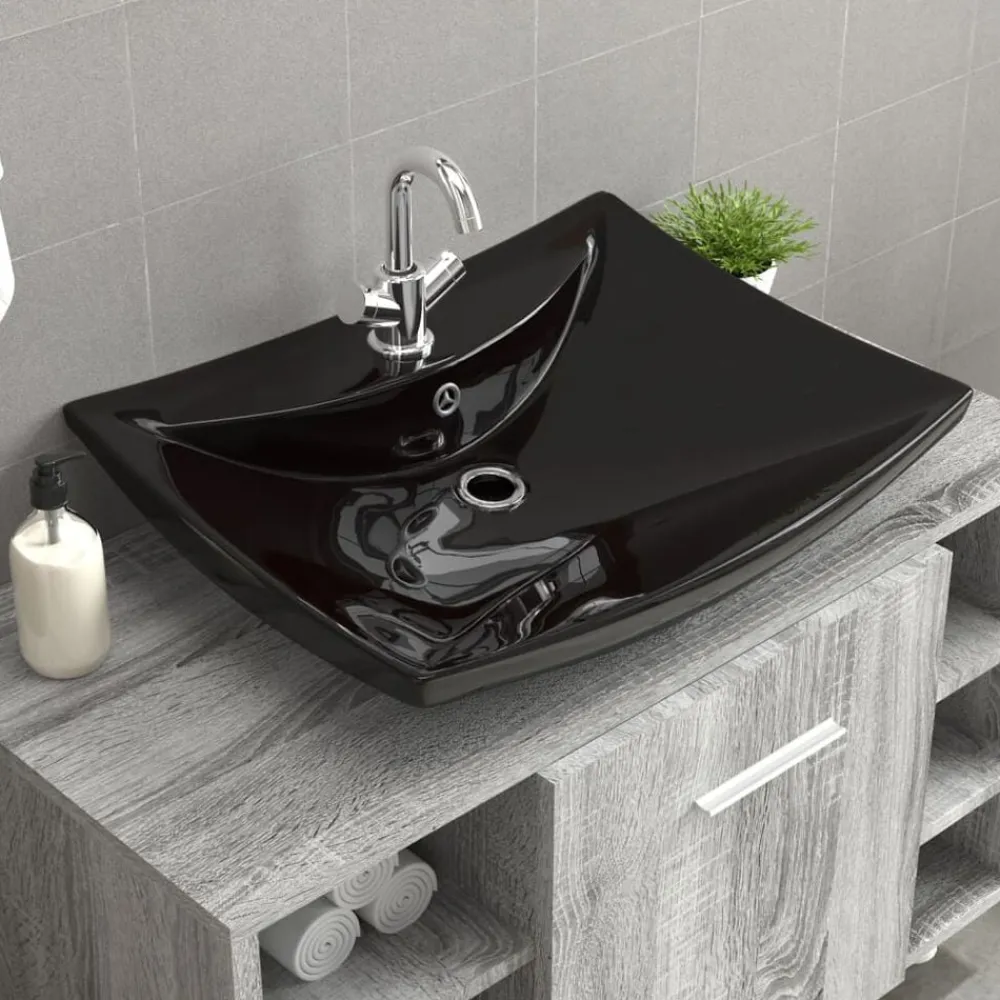 vidaXL Lavabo rectangular cerámica orificio de grifo y desagüe Negro Clearance