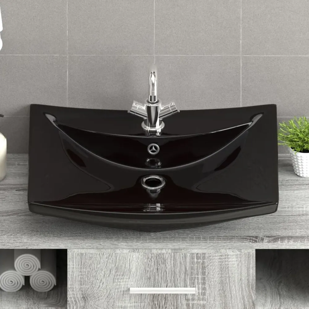 vidaXL Lavabo rectangular cerámica orificio de grifo y desagüe Negro Clearance