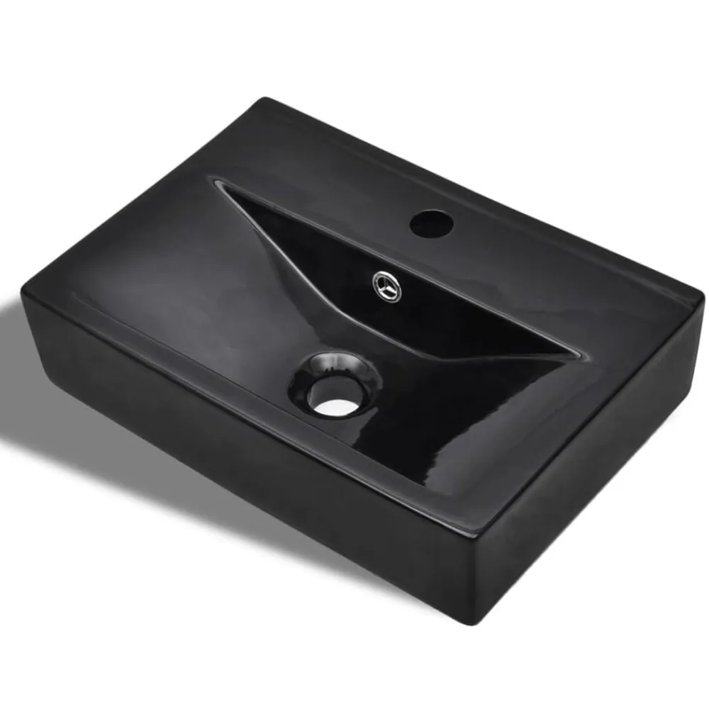 vidaXL Lavabo rectangular de cerámica hueco de grifo/desagüe Negro New