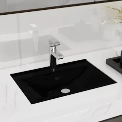 vidaXL Lavabo rectangular de cerámica hueco de grifo/desagüe Negro New