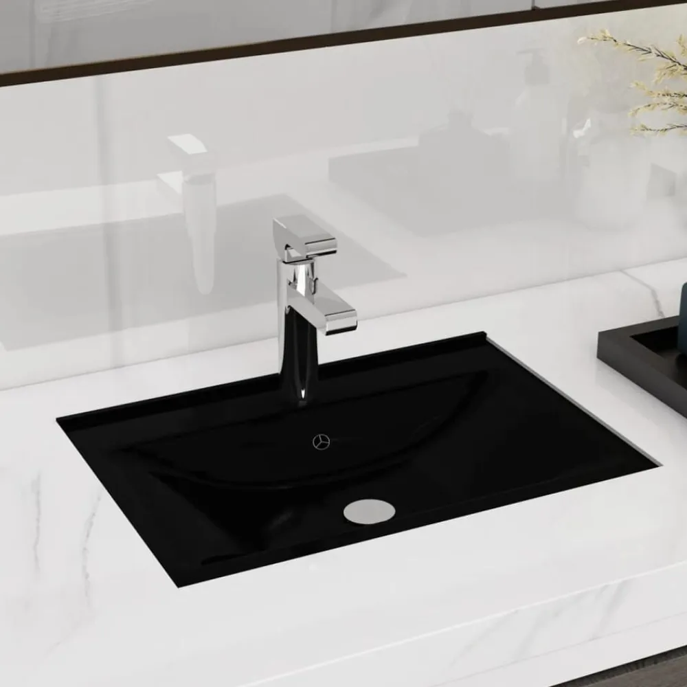 vidaXL Lavabo rectangular de cerámica hueco de grifo/desagüe Negro New