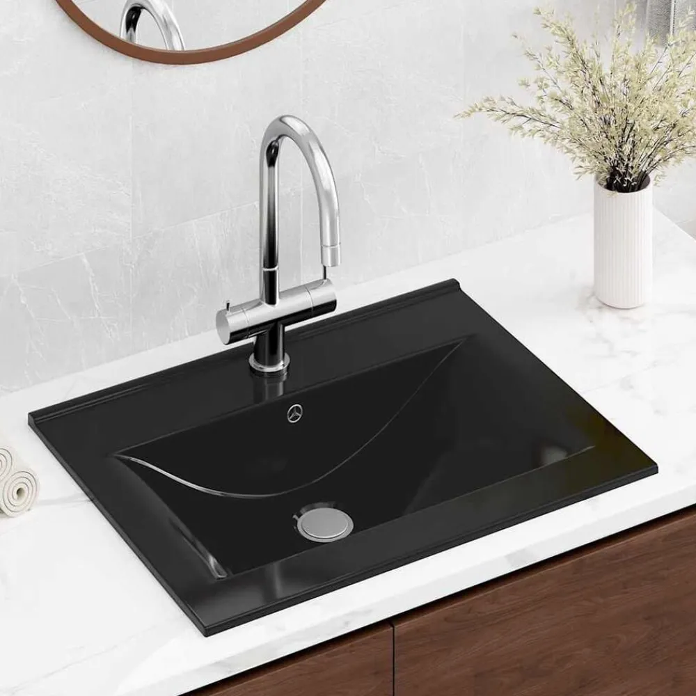 vidaXL Lavabo rectangular cerámica orificio de grifo 60x46 cm Negro New