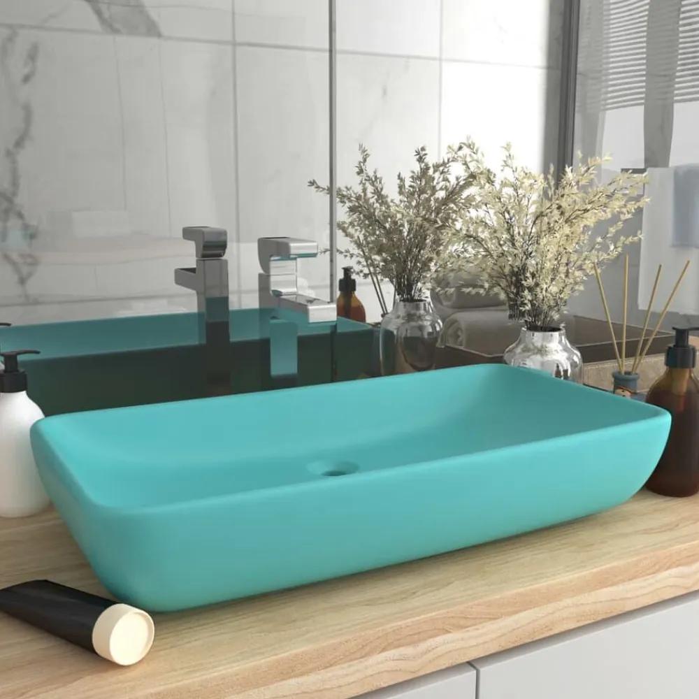 vidaXL Lavabo rectangular de lujo cerámica 71x38 cm verde claro mate New