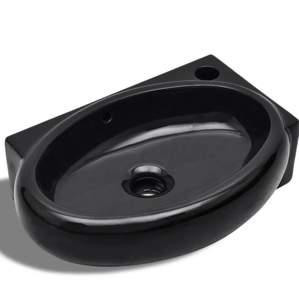 vidaXL Lavabo redondo de cerámica con orificio de grifo/desagüe Negro Hot