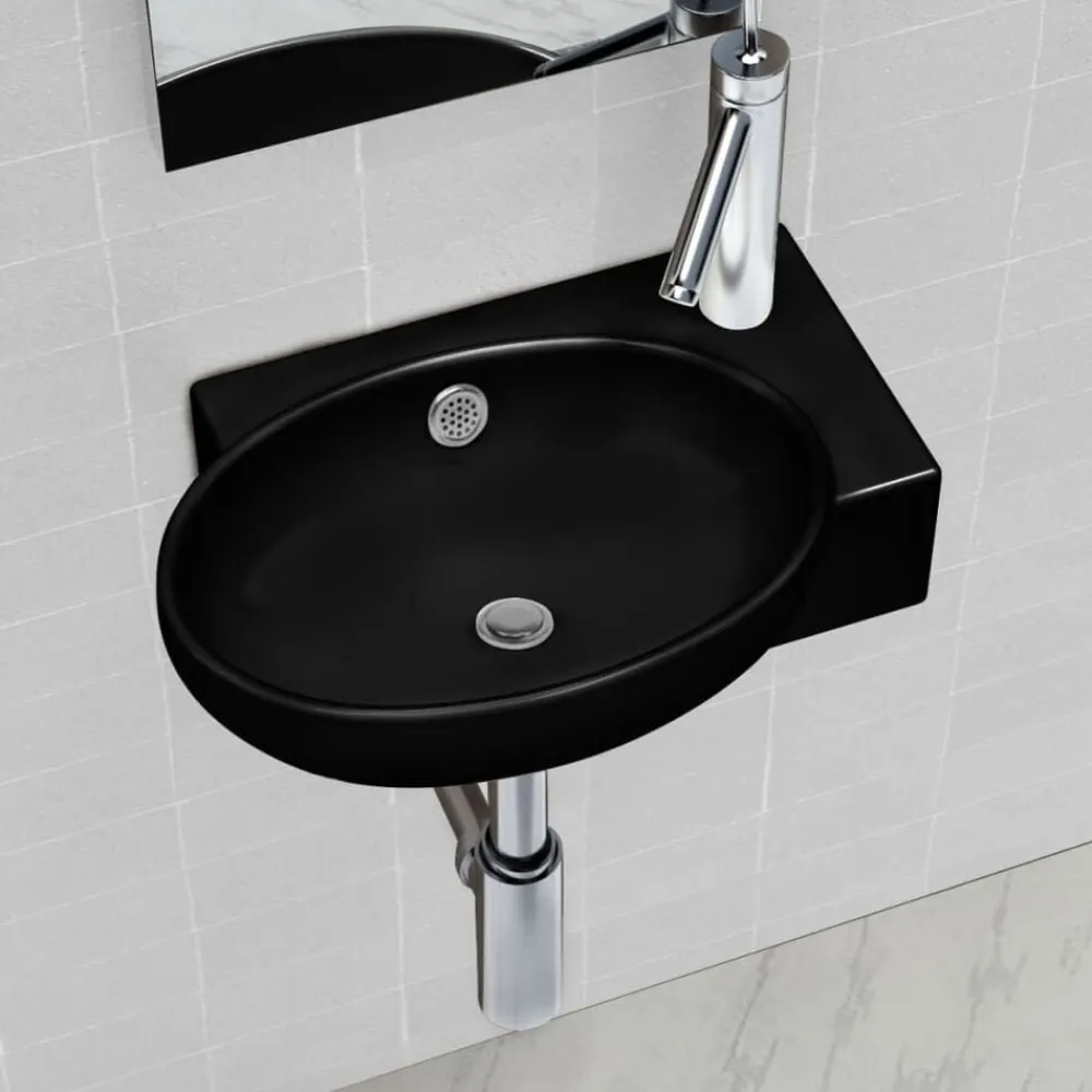 vidaXL Lavabo redondo de cerámica con orificio de grifo/desagüe Negro Hot