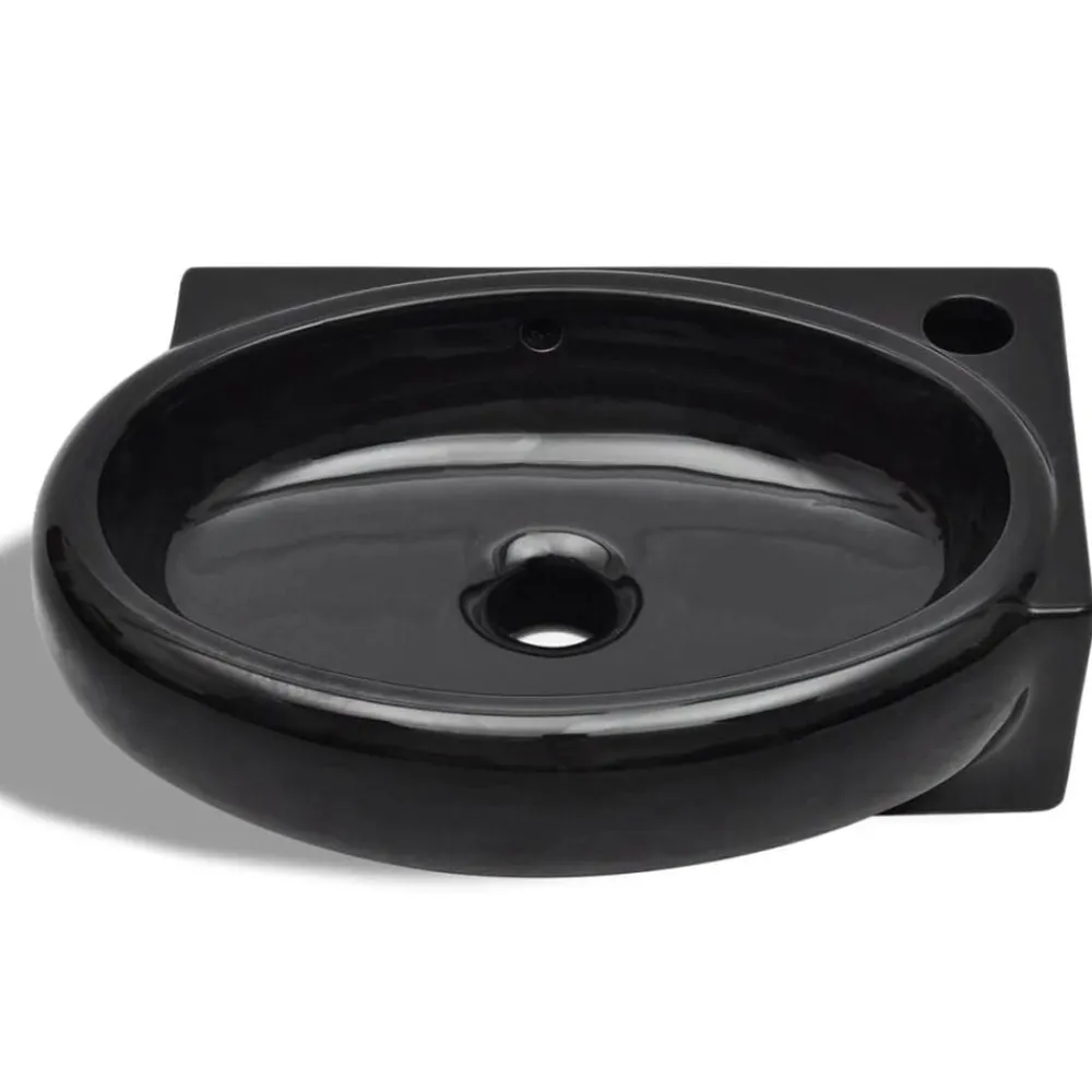 vidaXL Lavabo redondo de cerámica con orificio de grifo/desagüe Negro Hot