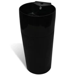 vidaXL Fontanería-Lavabo redondo de cerámica con orificio de grifo/desagüe negr