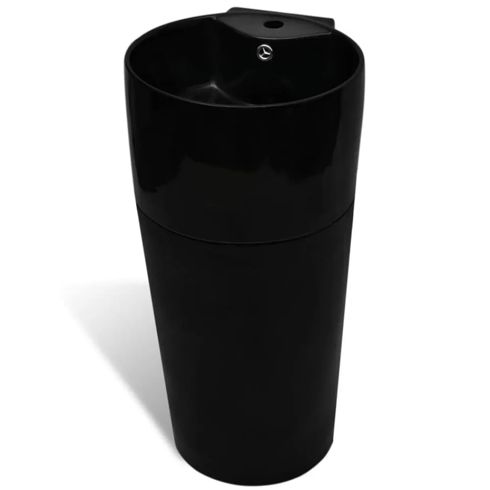 vidaXL Fontanería-Lavabo redondo de cerámica con orificio de grifo/desagüe negr