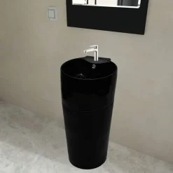 vidaXL Fontanería-Lavabo redondo de cerámica con orificio de grifo/desagüe negr