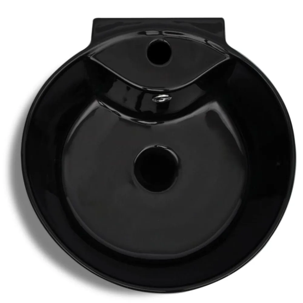 vidaXL Fontanería-Lavabo redondo de cerámica con orificio de grifo/desagüe negr