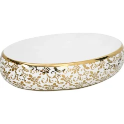 vidaXL Fontanería-Lavabo sobre encimera ovalado cerámica blanco dorado 59x40x15cm