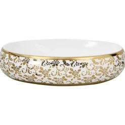 vidaXL Fontanería-Lavabo sobre encimera ovalado cerámica blanco dorado 59x40x15cm