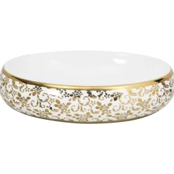 vidaXL Fontanería-Lavabo sobre encimera ovalado cerámica blanco dorado 59x40x15cm