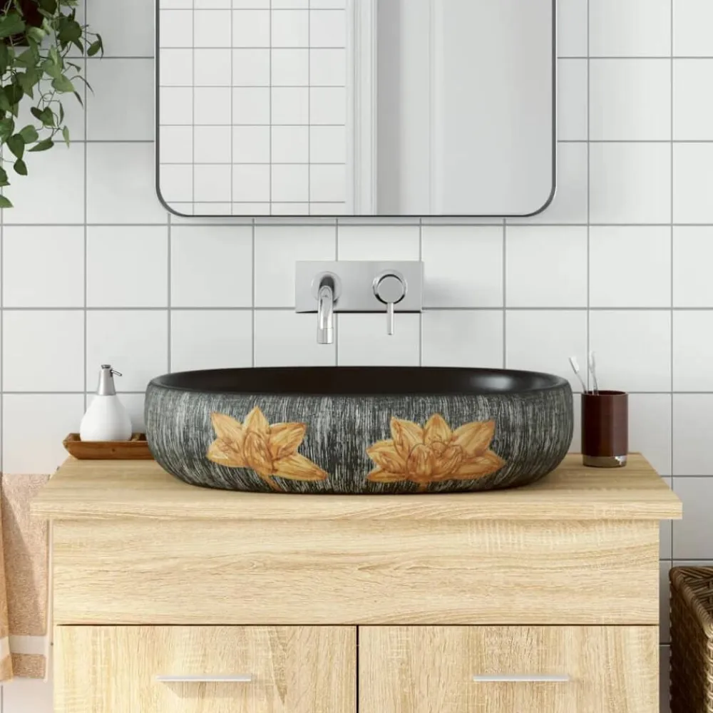vidaXL Lavabo sobre encimera ovalado cerámica gris y negro 59x40x14 cm Gris y marrón Online
