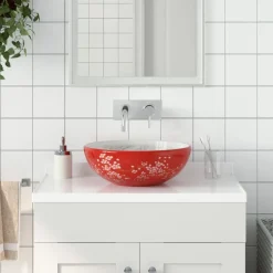 vidaXL Lavabo sobre encimera redondo cerámica Φ41x14 cm Blanco y rojo