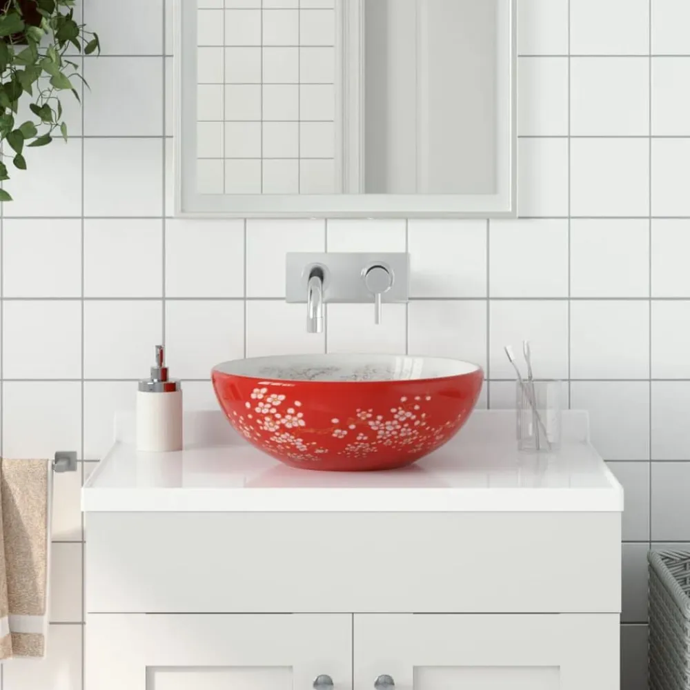 vidaXL Lavabo sobre encimera redondo cerámica Φ41x14 cm Blanco y rojo
