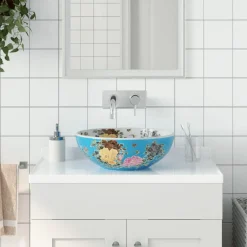 vidaXL Lavabo sobre encimera redondo cerámica multicolor Φ41x14 cm Azul y amarillo Online