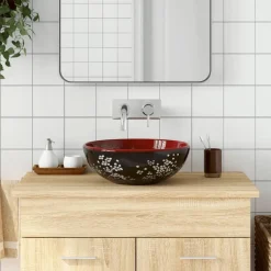 vidaXL Lavabo sobre encimera redondo cerámica rojo y negro Φ41x14 cm Negro y rojo Sale