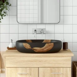 vidaXL Lavabo sobre encimera ovalado cerámica negro 59x40x14 cm Negro y marr&oacute;n Hot