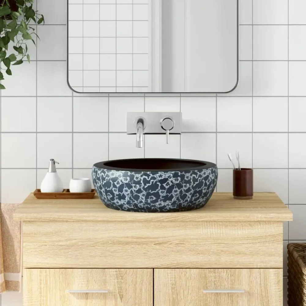 vidaXL Fontanería-Lavabo sobre encimera redondo cerámica negro y azul Φ41x14 cm