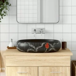 vidaXL Fontanería-Lavabo sobre encimera ovalado cerámica negro 59x40x15 cm