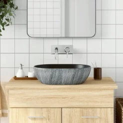 vidaXL Lavabo sobre encimera ovalado cerámica 47x33x13 cm Negro y gris Discount