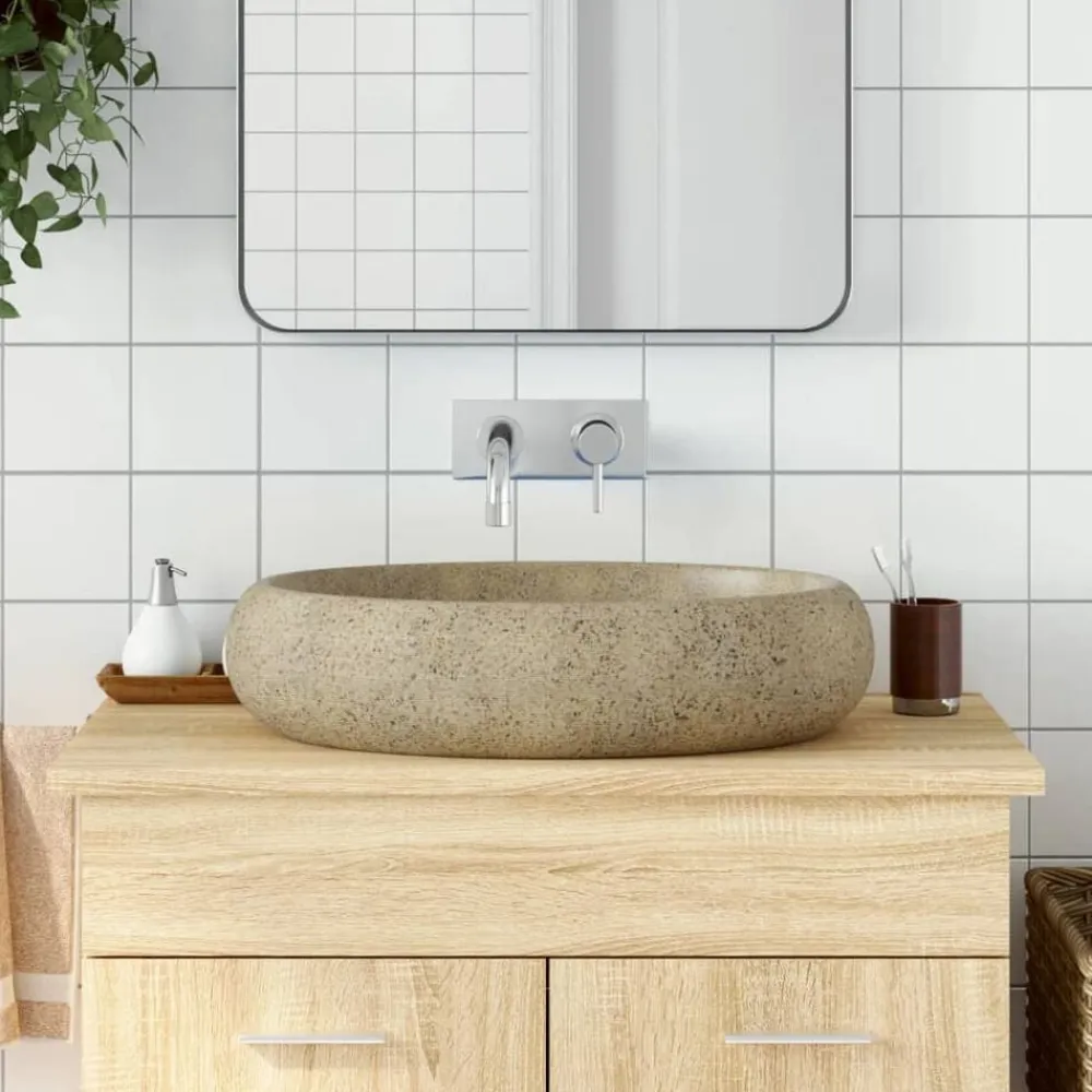 vidaXL Lavabo sobre encimera ovalado cerámica 59x40x15 cm Arena