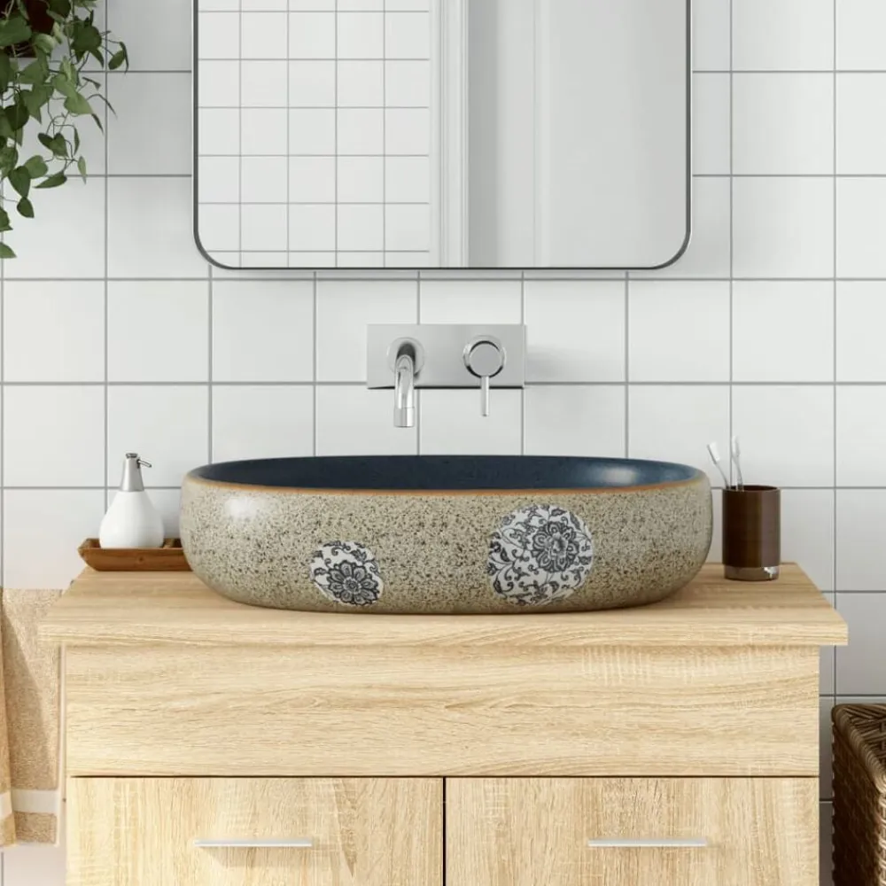 vidaXL Lavabo sobre encimera ovalado arena y azul cerámica 59x40x14 cm Azul oscuro Outlet