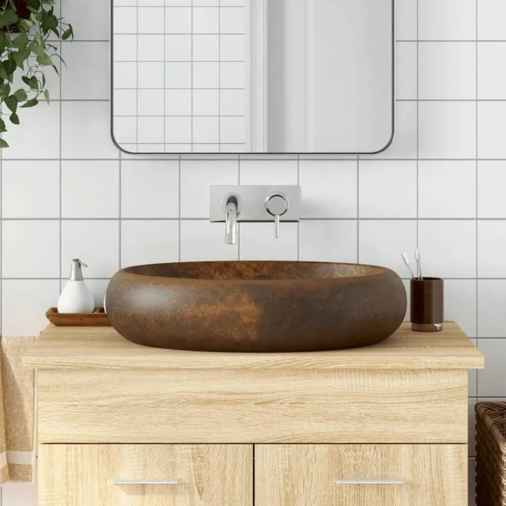 vidaXL Lavabo sobre encimera ovalado cerámica marrón 59x40x15 cm Marrón Outlet