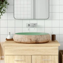 vidaXL Fontanería-Lavabo sobre encimera ovalado cerámica verde marrón 59x40x15 cm
