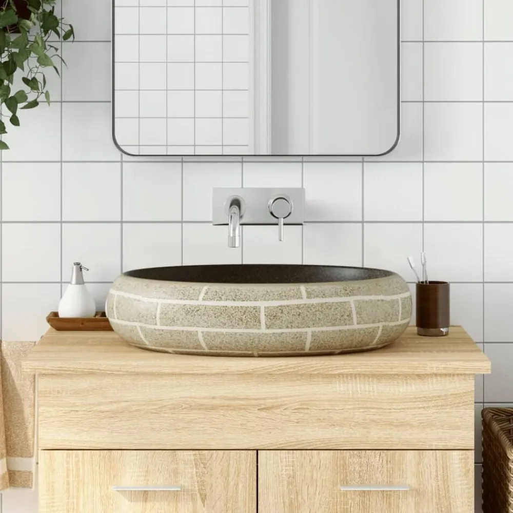 vidaXL Lavabo sobre encimera ovalado cerámica multicolor 59x40x15 cm Gris oscuro Clearance