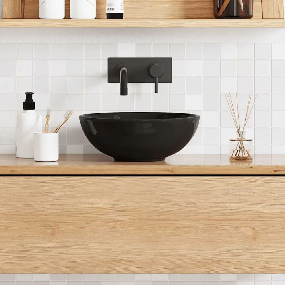 vidaXL Lavabo Ø28x10 cm cerámica brillo Negro Discount