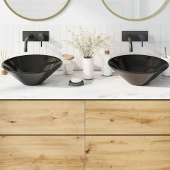 vidaXL Lavabos 2 uds brillo Ø42x14 cm cerámica Negro New