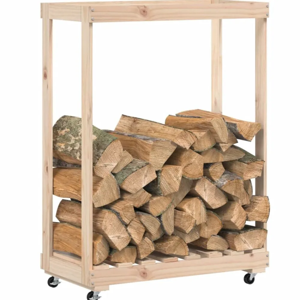 vidaXL Accesorios Para Hornos De Leña Y Chimeneas-Leñero con ruedas madera maciza de pino 76,5x40x108 cm