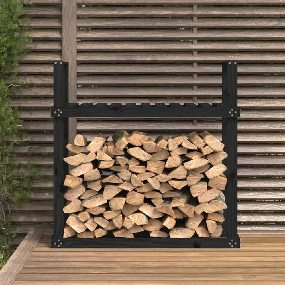 vidaXL Leñero de madera maciza de 110x35x108,5 cm Pino negro Clearance