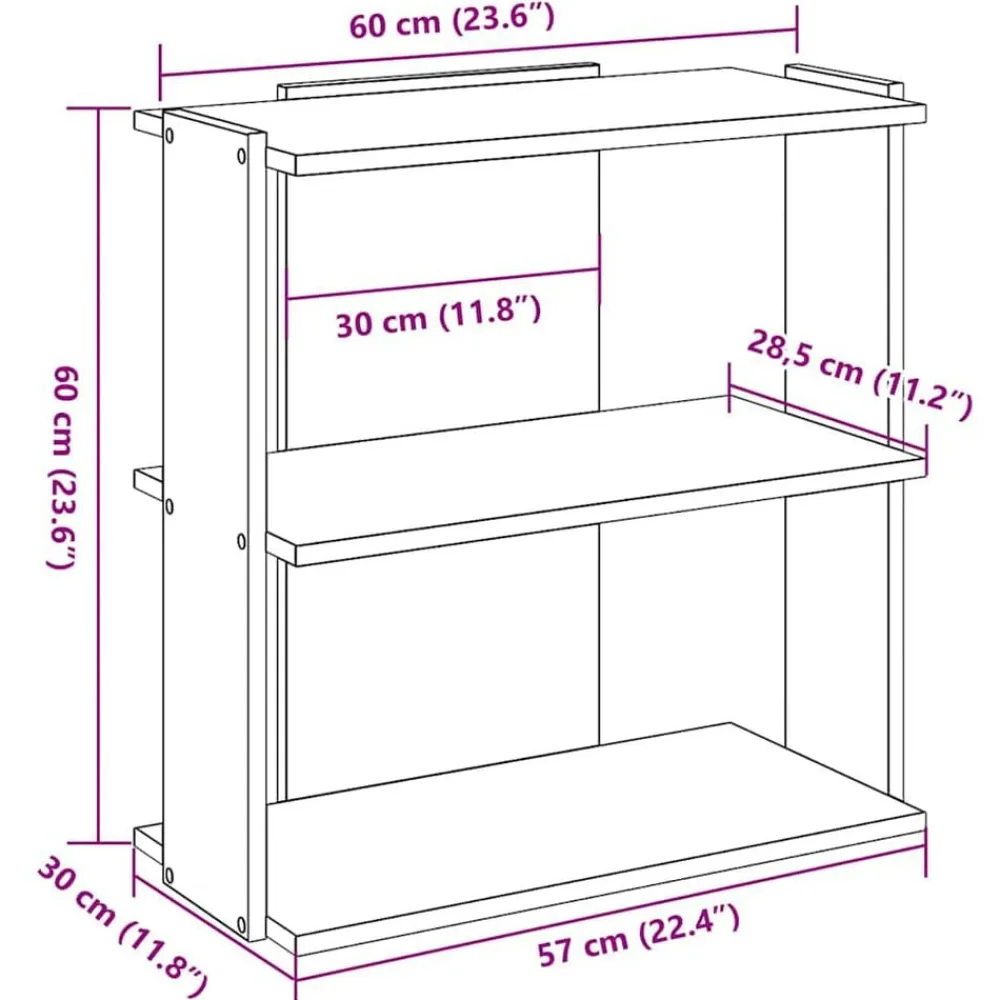 vidaXL Estanterías-Librería de 3 niveles madera gris hormigón 60x30x60 cm