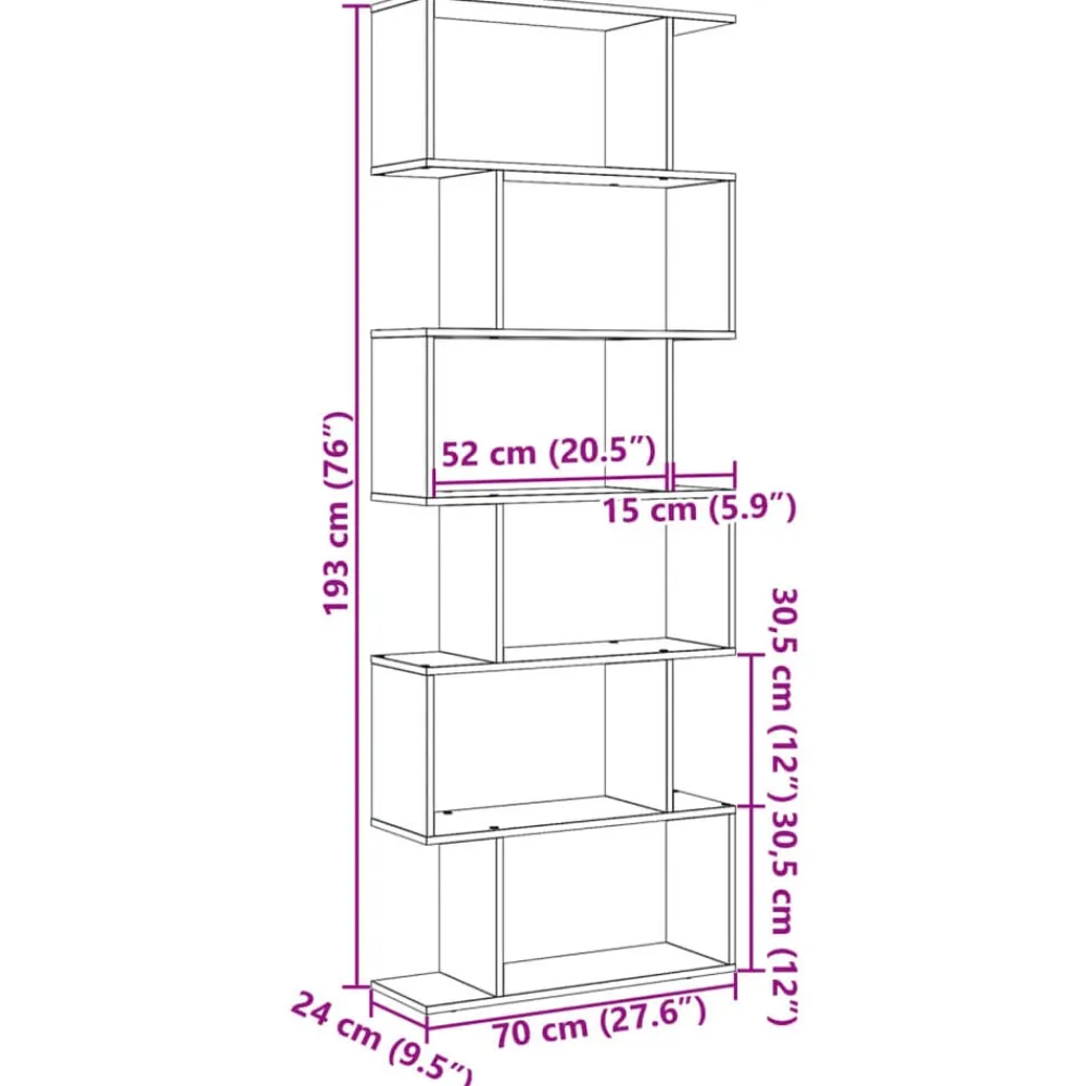 vidaXL Librería divisora 6 niveles madera envejecida 70x24x193 cm Madera antigua