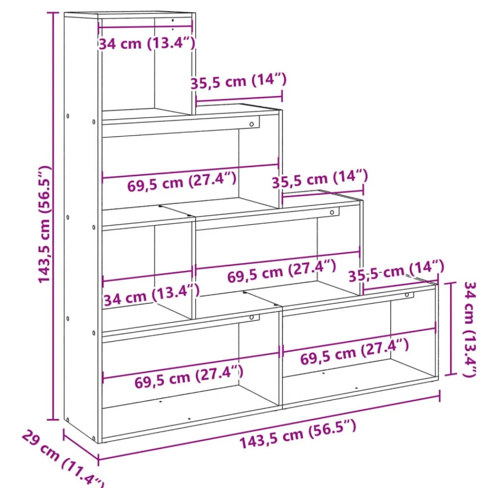 vidaXL Librería divisora 4 niveles 143,5x29x143,5 cm Roble ahumado Best