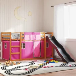 vidaXL Camas Y Accesorios-Litera con tobogán y cortinas rosa 90x200 cm